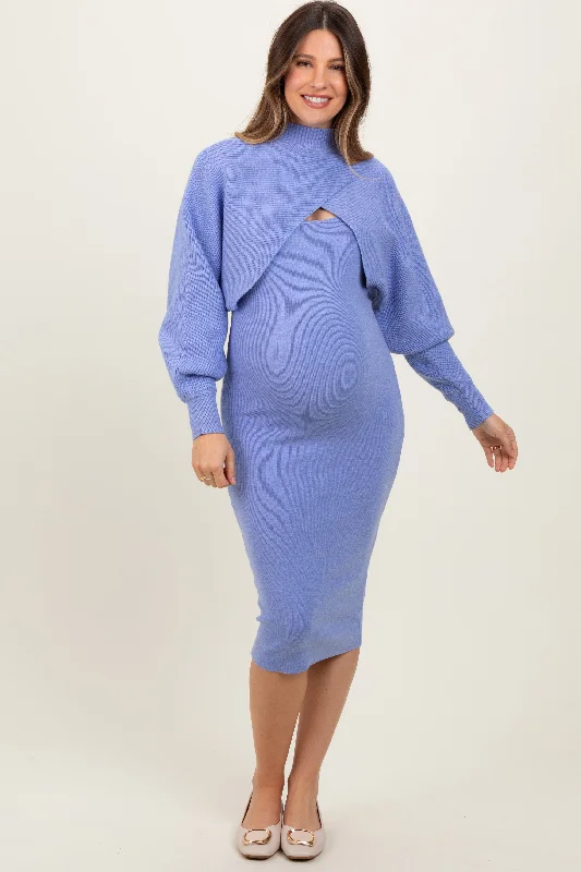 maternity ruffle dress -Periwinkle Bodycon Dress And Sweater Maternity Set