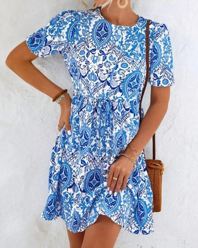 short sleeve beige dress -Alicia Printed Short Sleeve Dress in Blue | Blue