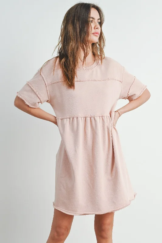 short sleeve A-line formal dress -Mauve Washed French Terry Short Sleeve Dress