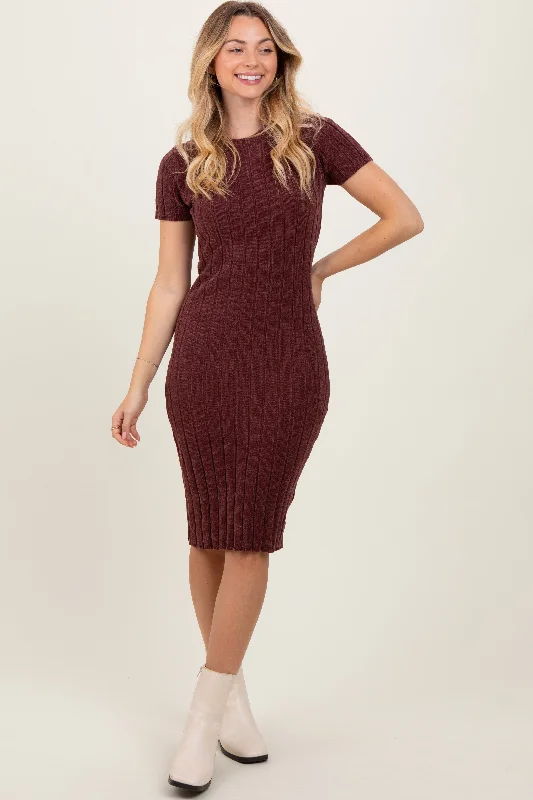 short sleeve date night dress -Brown Chenille Knit Short Sleeve Sweater Dress