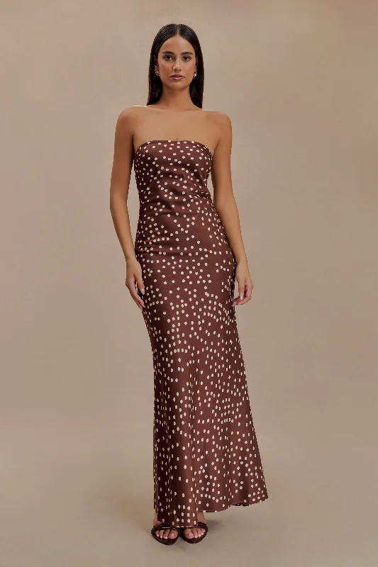 Women's maxi dress festive glow -Claudette Strapless Satin Maxi Dress - Brown Polka Dot Print