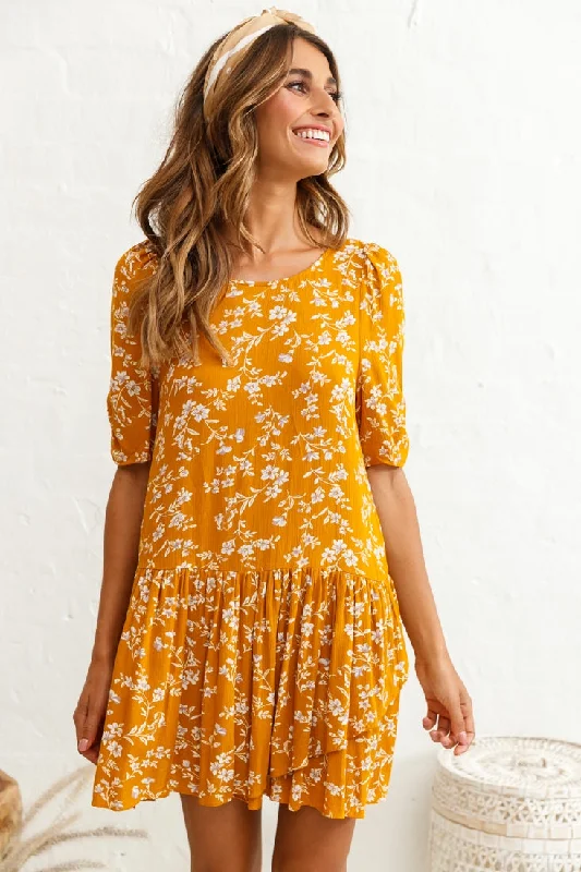 short sleeve breezy dress -Marika Dropped Waist Short Sleeve Shift Dress Floral Print Mustard