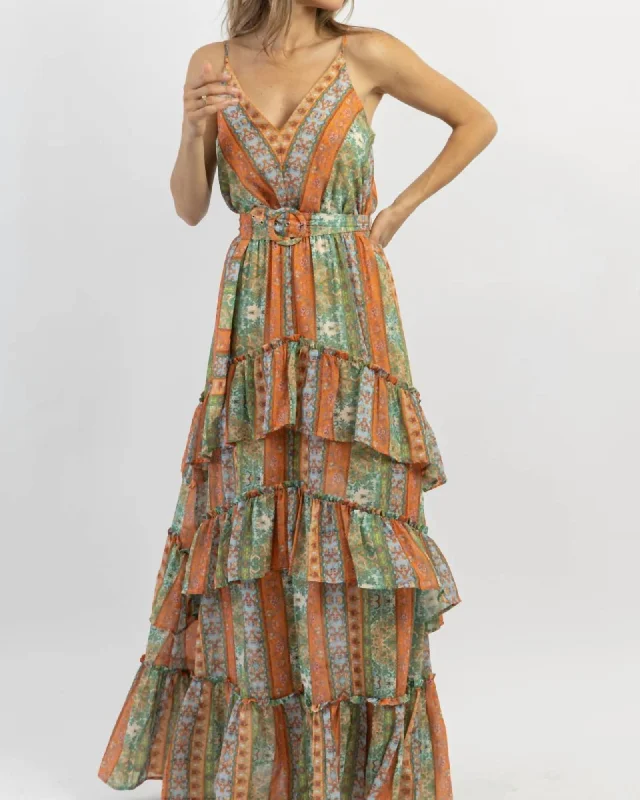 Women's maxi dress soft ruffle -Palermo Belted Pattern Maxi Dress In Multi | Multi