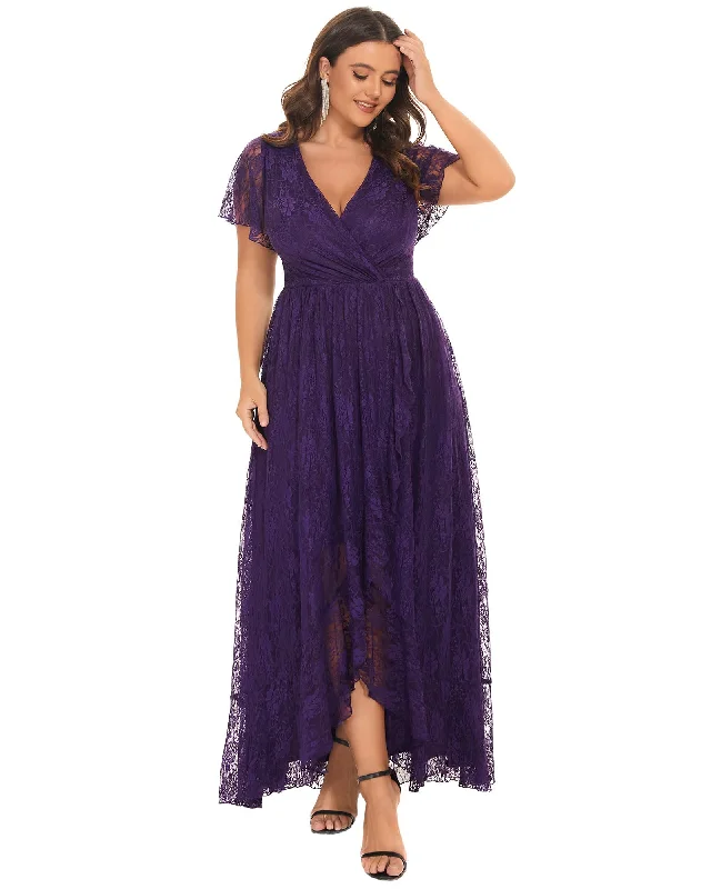 short sleeve ultra-feminine dress -Short Sleeve Ruffled V-Neck A-Line Lace Evening Dress | Dark Purple