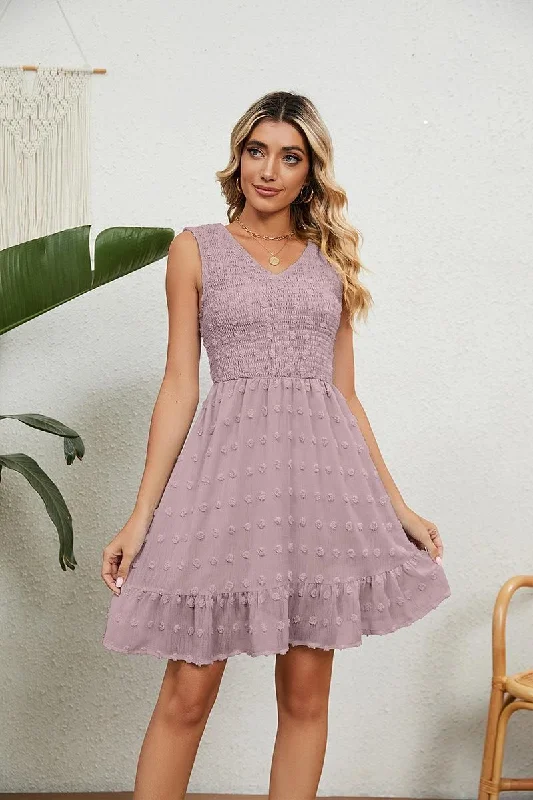 sleeveless straight dress -V NECK JACQUARD WEAVE SLEEVELESS DRESS