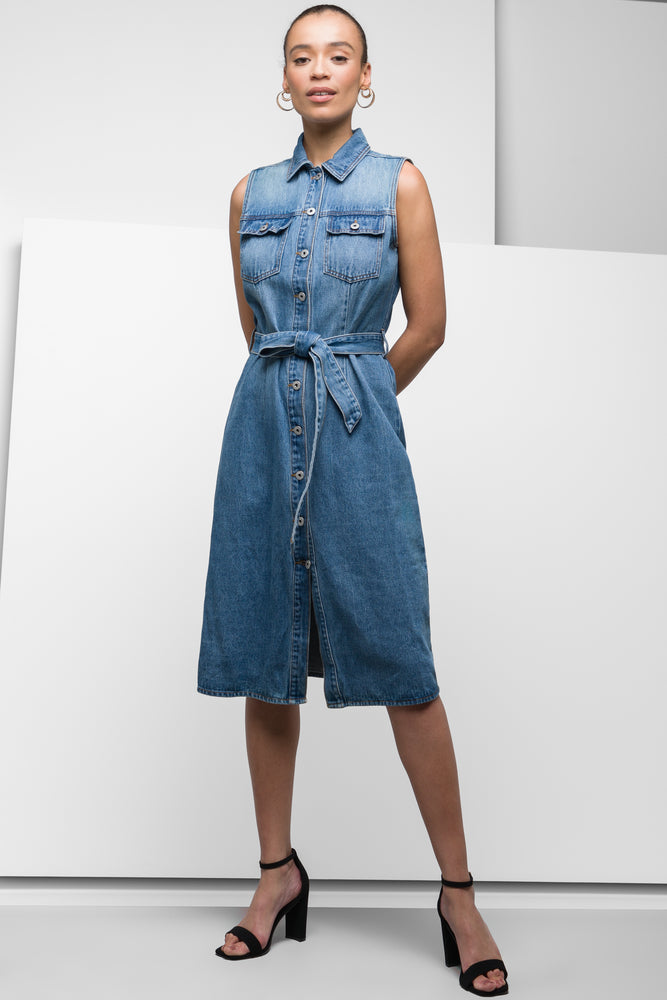 sleeveless ultra-feminine dress -Sleeveless Belted Denim Dress Blue