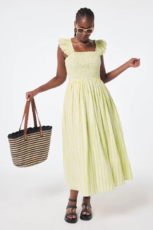 Women's maxi dress vintage collar -Neon Yellow with Ivory Stripe Maxi Sundress