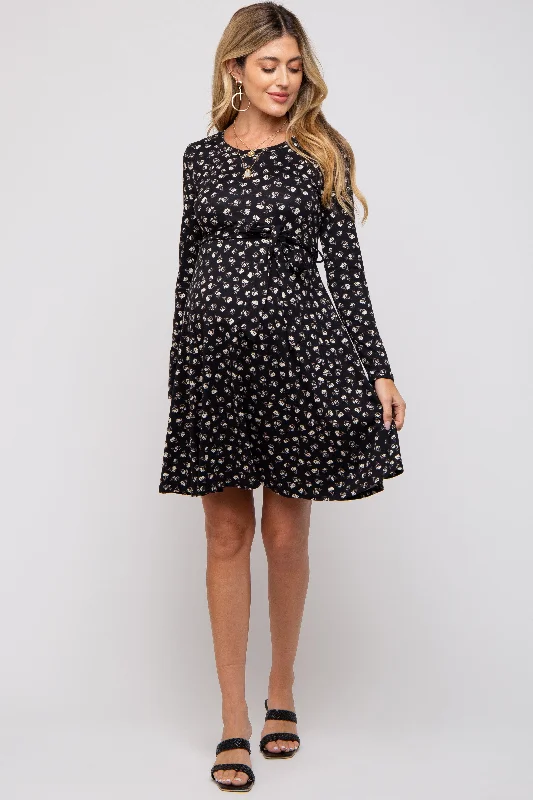 maternity lace maternity dress -Black Floral Soft Knit Long Sleeve Maternity Dress