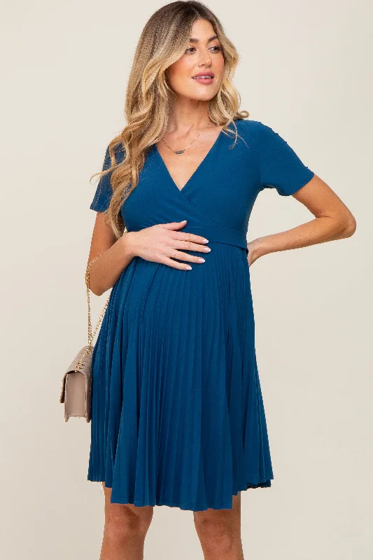 maternity loose fit dress -Teal Pleated Maternity/Nursing Dress