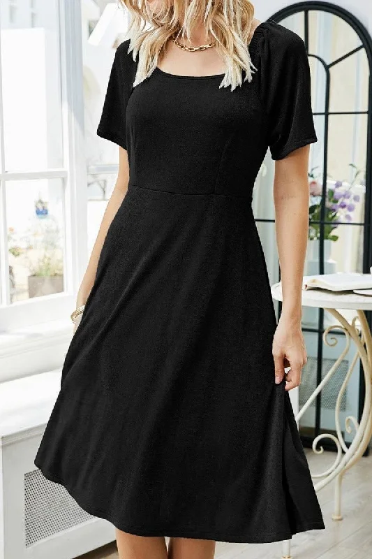 short sleeve formal dress -SQUARE NECK PLEATED SHORT SLEEVED DRESS