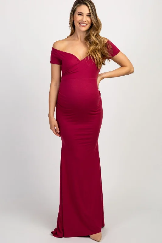 maternity urban chic maternity dress -PinkBlush Burgundy Off Shoulder Wrap Maternity Photoshoot Gown/Dress