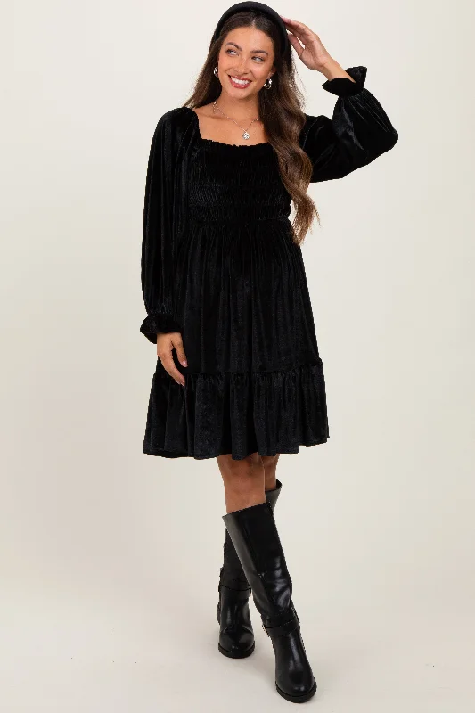 maternity trendy dress -Black Velvet Smocked Long Sleeve Maternity Dress