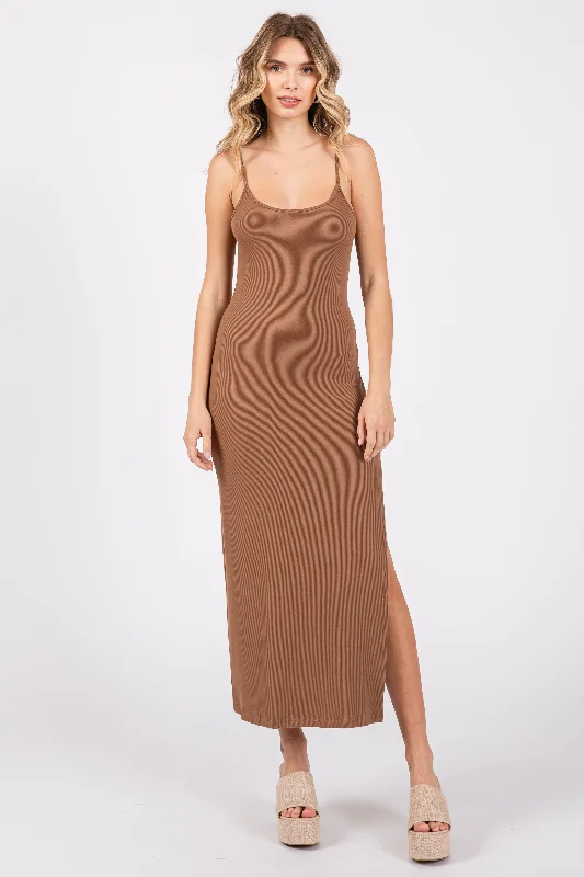 sleeveless pearl embellished dress -Mocha Ribbed Sleeveless Side Slit Dress