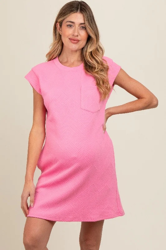 maternity green dress -Pink Front Pocket Line Textured Short Sleeve Maternity Dress