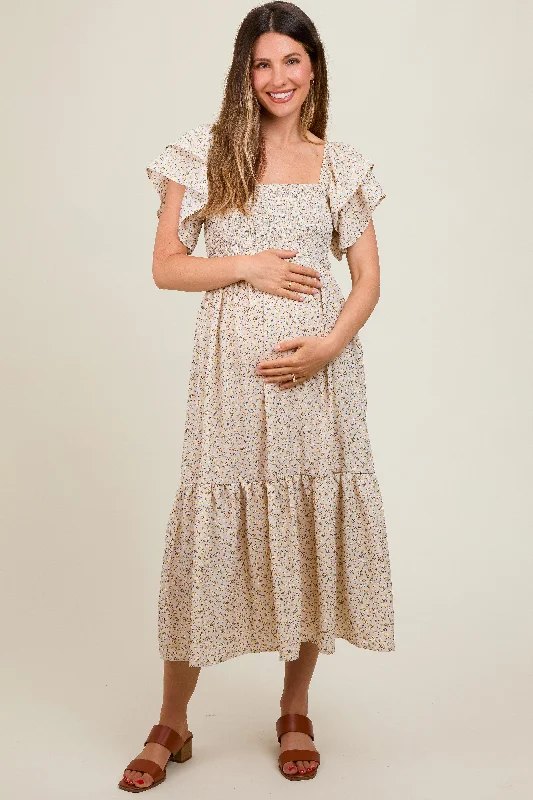 maternity lace dress -Cream Floral Flutter Sleeve Tiered Maternity Dress