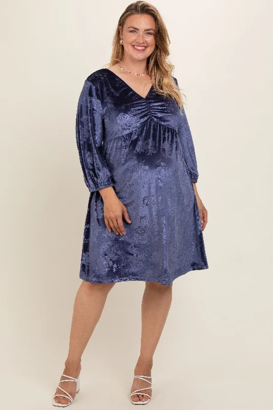 maternity sweetheart neckline dress -Navy Velvet Floral Ruched Neck Plus Maternity Dress