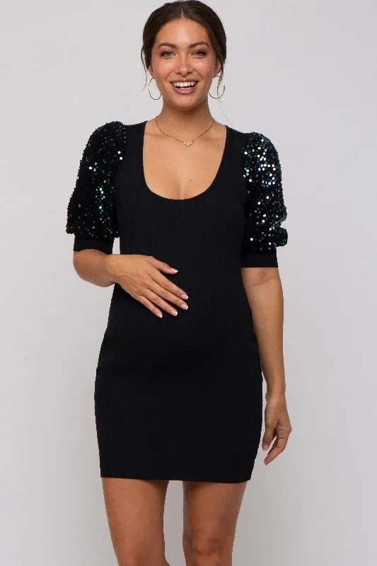 maternity smocked dress -Black Ribbed Sequin Puff Sleeve Maternity Dress