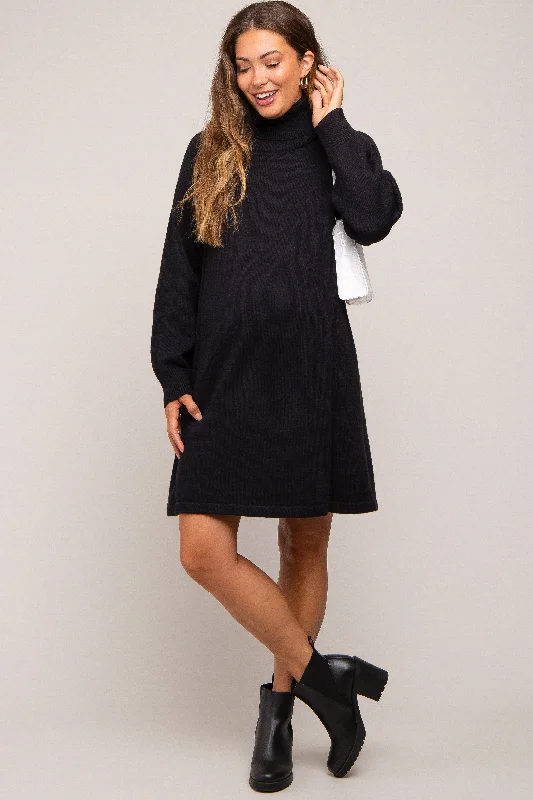 maternity smocked waist dress -Black Turtleneck Long Sleeve Maternity Sweater Dress