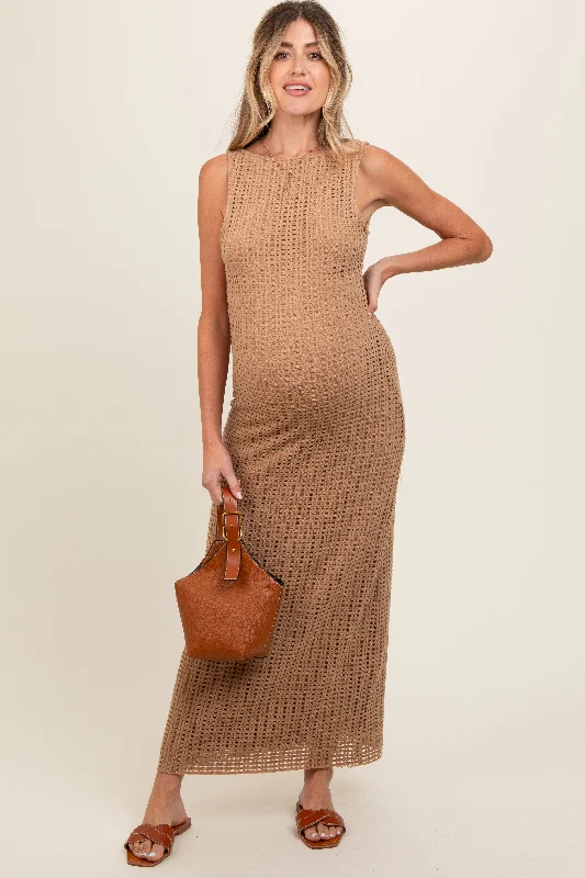 maternity round neck maternity dress -Taupe Fish Net Knit Maternity Dress