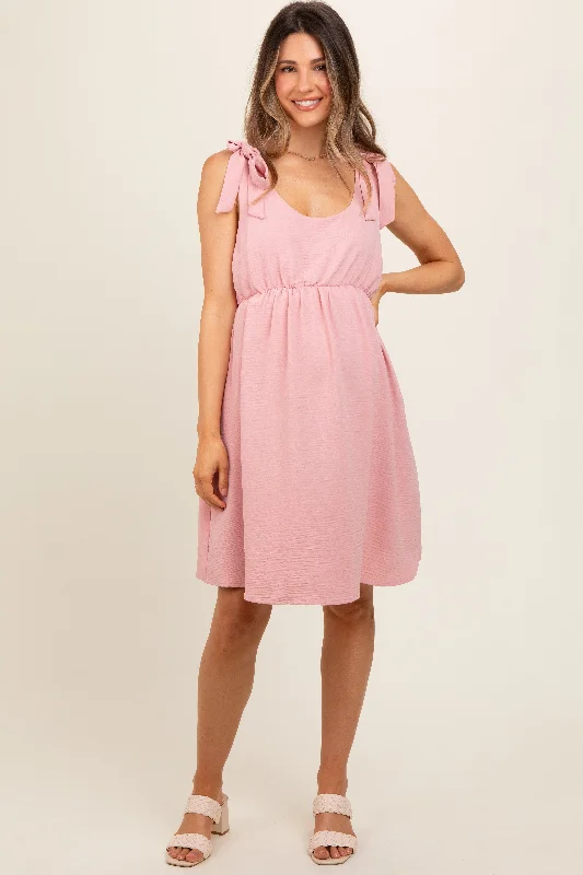 maternity halter neck dress -Pink Solid Tie-Shoulder Scoop Neck Maternity Dress