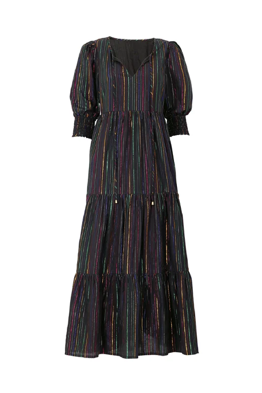 Women's maxi dress summer denim -Black with Rainbow Lurex Tie Front Maxi Dress