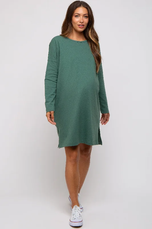 maternity maternity sweater dress -Green Long Sleeve Maternity Shirt Dress