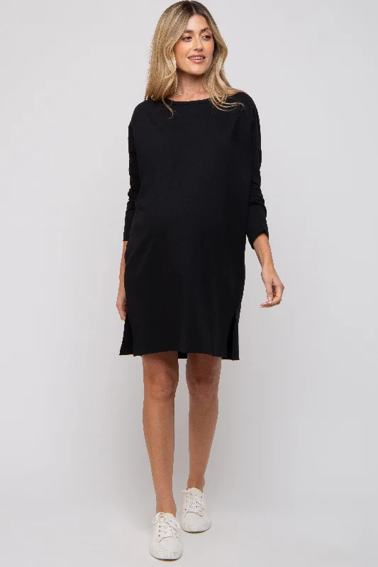 maternity flared hem dress -Black Long Sleeve Maternity Shirt Dress