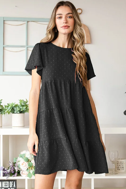 short sleeve belted midi dress -Heimish Swiss Dot Short Sleeve Tiered Dress