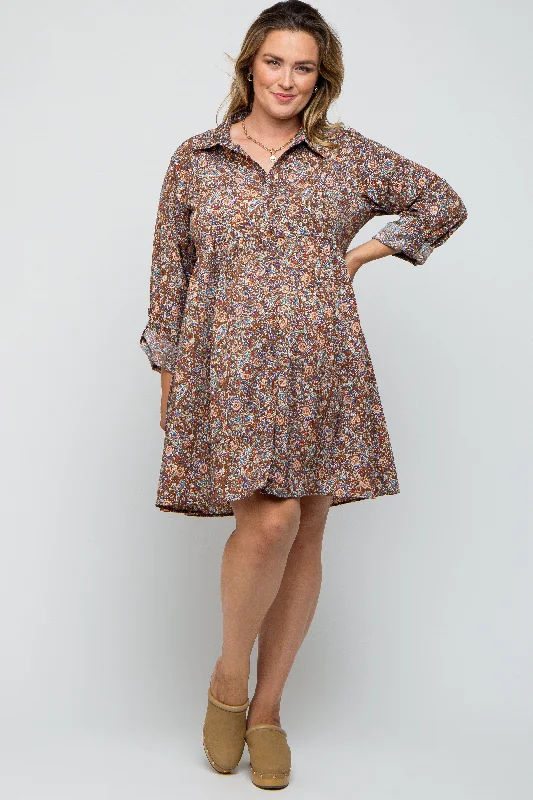 maternity soft maternity dress -Brown Floral Paisley Button Up Maternity Plus Dress