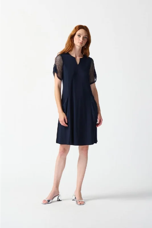 short sleeve yellow dress -Joseph Ribkoff Midnight Blue Mesh Short Sleeves A-Line Dress 242218