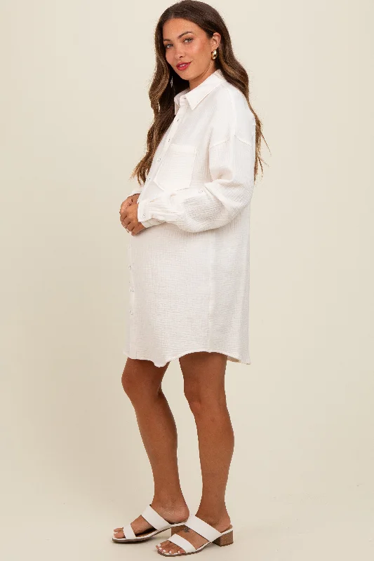 maternity evening gown -White Rolled Cuff Maternity Button Down Dress