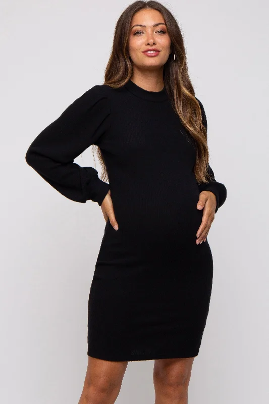 maternity sleeveless dress -Black Ribbed Long Sleeve Mock Neck Maternity Dress