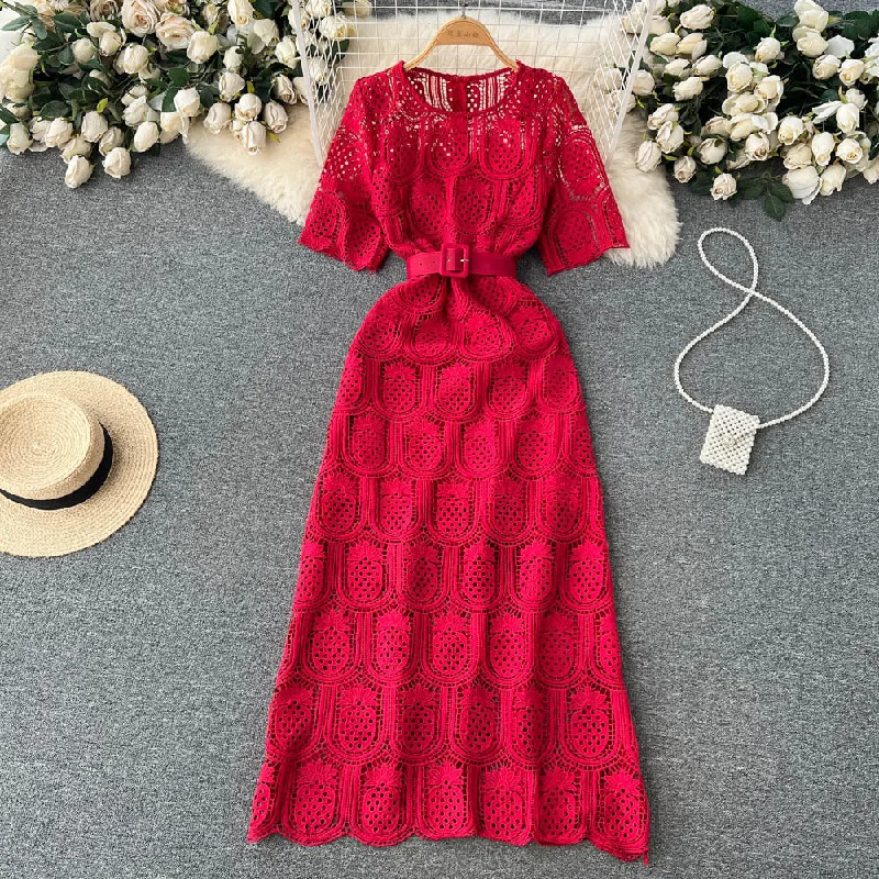 short sleeve delicate dress -Round Neck Long Sleeve Lace Short Sleeve Crocheted Waist-slimming Long Dress