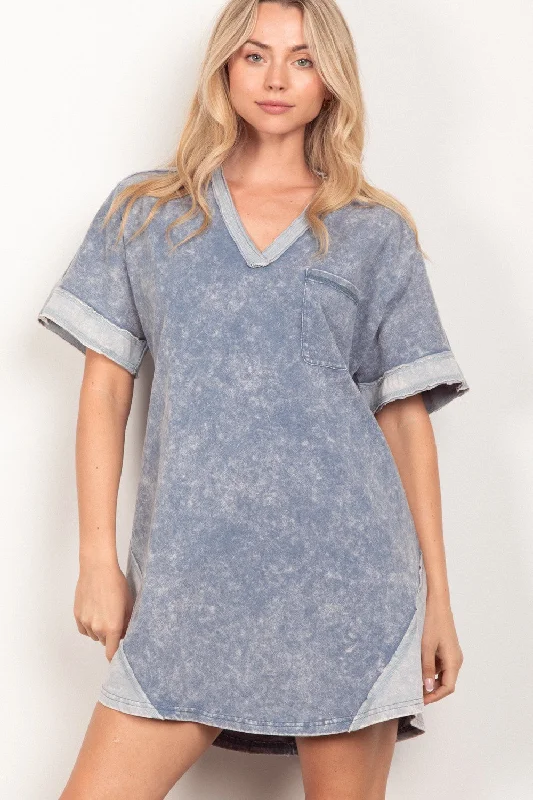 short sleeve deep V midi dress -VERY J Short Sleeve V-Neck Tee Dress