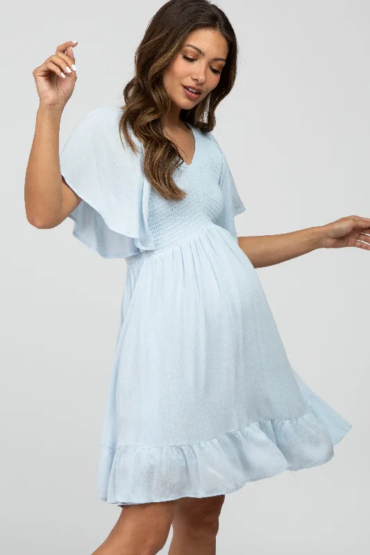 maternity denim dress -Light Blue Smocked Front Ruffle Hem Maternity Dress