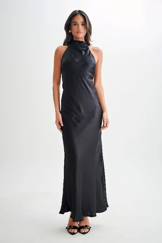 Women's maxi dress muted beige -Esther Iridescent Satin Cowl Maxi Dress - Black