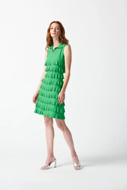 sleeveless retro dress -Joseph Ribkoff Tiered Ruffles Zip Front Sleeveless Shift Dress 242116