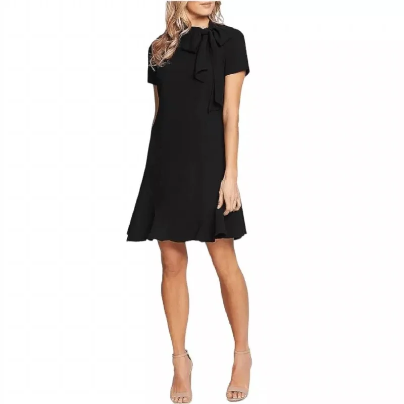 short sleeve cute pastel dress -Tie Neck Short Sleeve Dress In Black