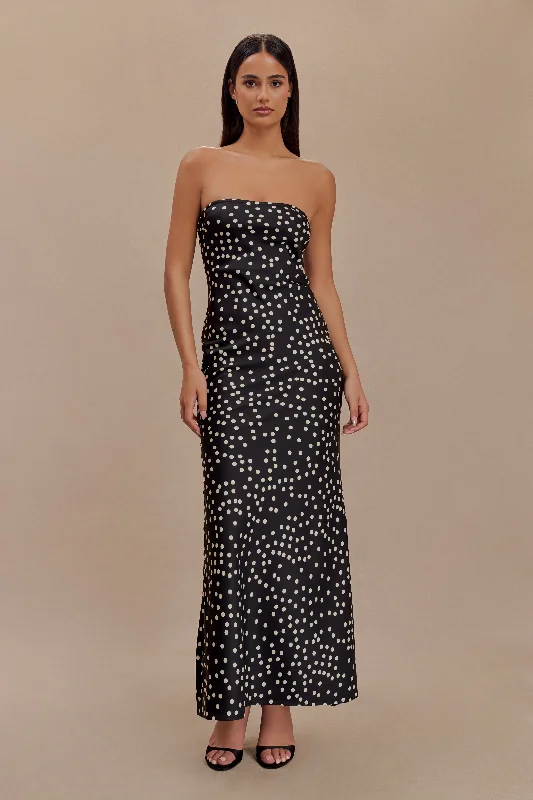 Women's maxi dress flared hem -Claudette Strapless Satin Maxi Dress - Black Polka Dot Print