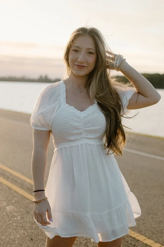 short sleeve evening dress -White Smock Short Sleeve Dress