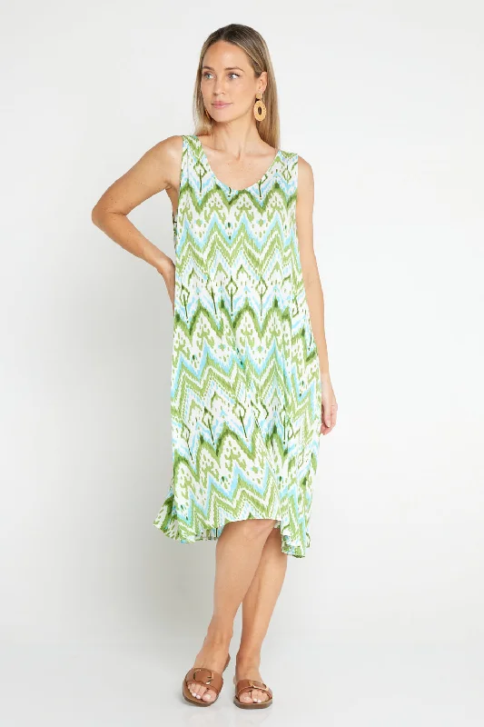 sleeveless geometric pattern dress -Sienna Sleeveless Petite Length Dress - Green/Aqua Ikat