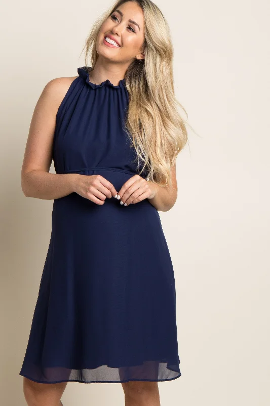 maternity summer dress -Navy Blue Chiffon High Neck Maternity Dress