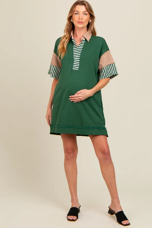 maternity nursing dress -Forest Green Striped Color Block Collared Terry Maternity Dress