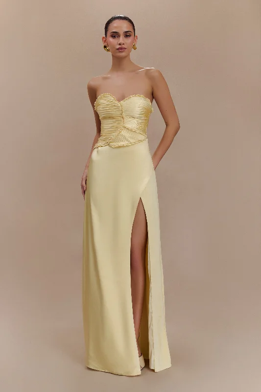 Women's maxi dress evening glow -Larissa Satin Maxi Dress With Ruched Petals - Lemon