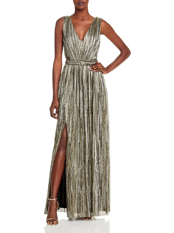 sleeveless business casual dress -Womens Metallic Sleeveless Evening Dress