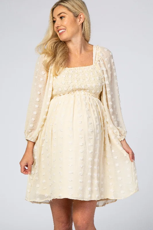 maternity soft flowy dress -Beige Textured Dot Smocked Square Neck Chiffon Maternity Dress