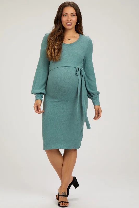 maternity trendy nursing dress -Green Soft Brushed Waist Tie Bubble Sleeve Maternity Dress