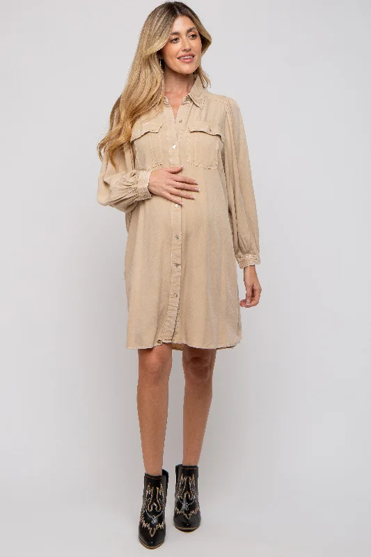 maternity pregnancy dress -Beige Vintage Wash Maternity Shirt Dress