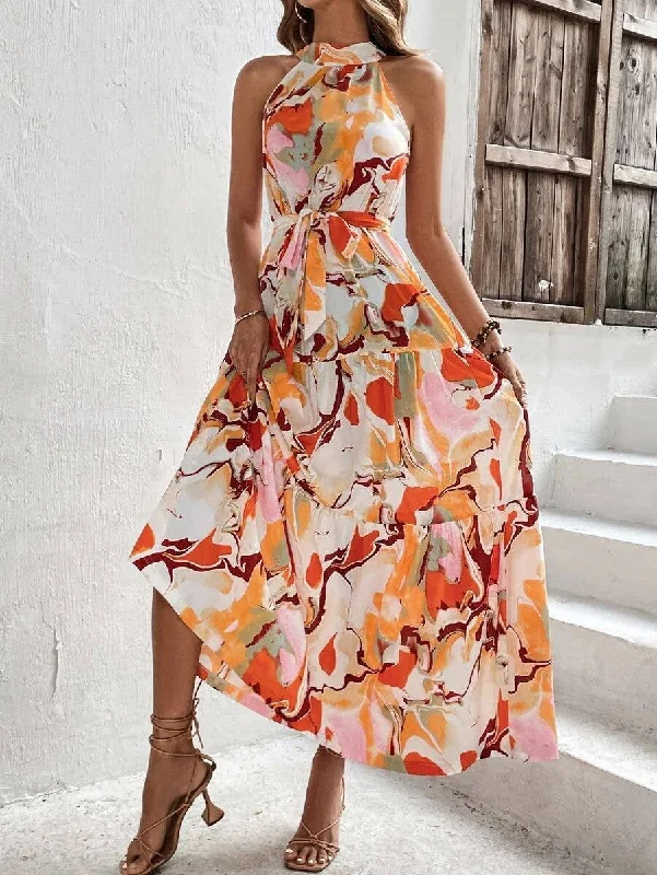 sleeveless tropical dress -BOHO PRINT SLEEVELESS DRESS WITH LARGE RUFFLES_CWDMD1808