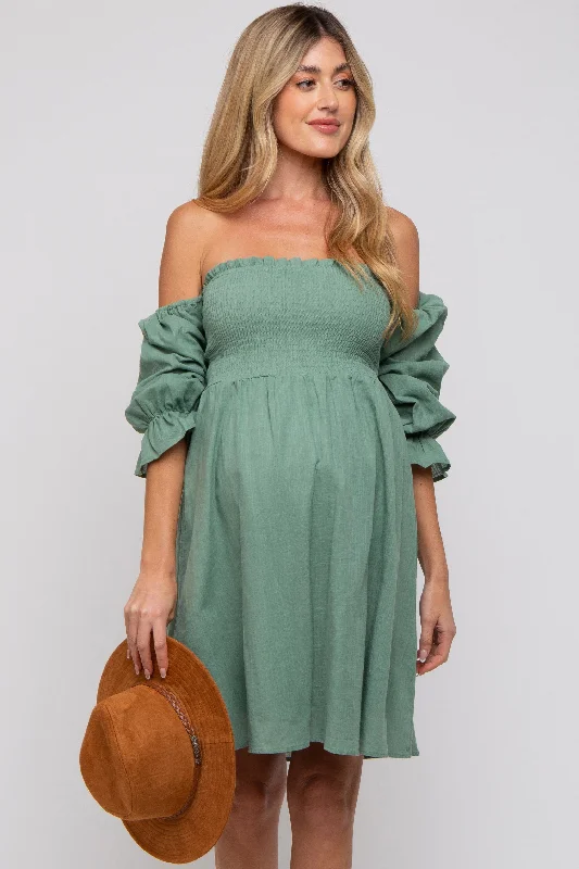 maternity pregnancy photoshoot dress -Green Smocked Off Shoulder Long Sleeve Maternity Dress